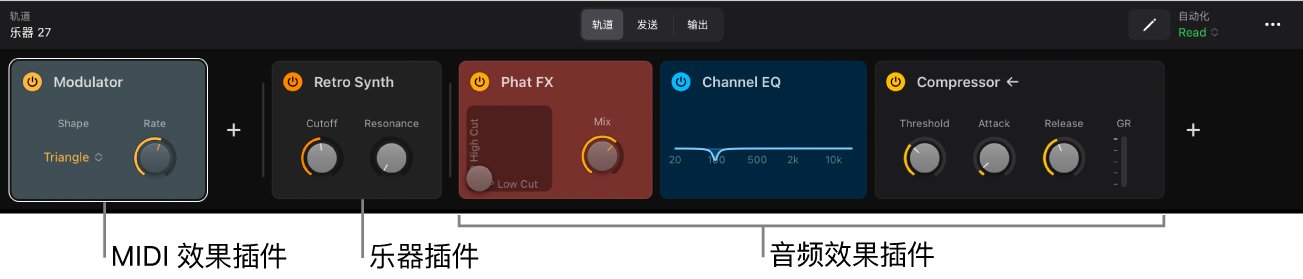 图。显示 MIDI 效果、乐器和音频效果插件的插件区域。