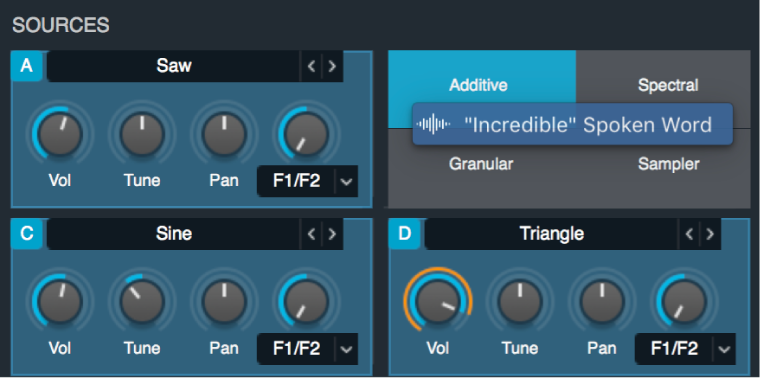 Abbildung. Audiodatei, die auf die Beschriftung „Additive Analysis Mode“ im Raste der Source B bewegt wird.