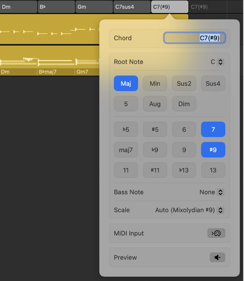 Figure. Edit Chord dialog open showing Chord field, Root Note pop-up menu, Chord Type buttons, Chord Extension buttons, Bass Note pop-up menu, Scale pop-up menu, MIDI Input button, and Preview button.
