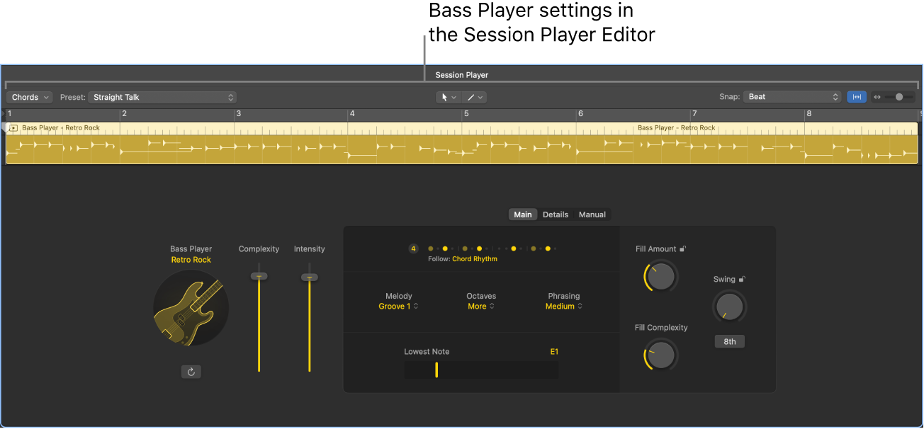 Figure. The Session Player Editor with Bass Player settings.