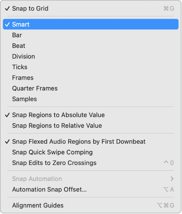Figure. The Snap pop-up menu for the Tracks area.