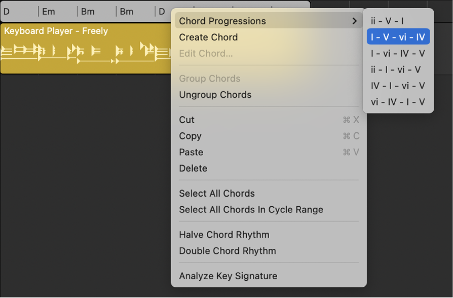 Figure. A chord group selected on the Chord track with the Chord Progressions submenu open, showing the selected chord progression.