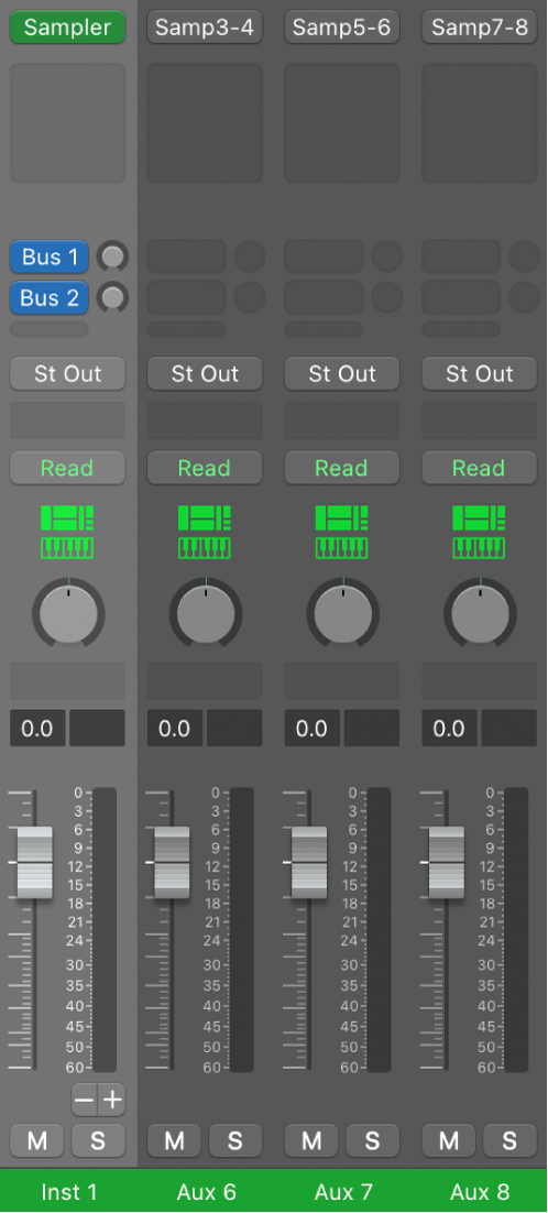 Figure. Aux channel strips assigned to the Ultrabeat Multi-Output instrument.