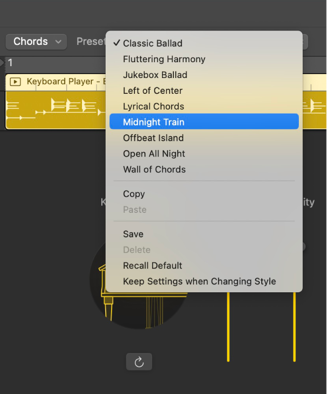 Figure. The Presets pop-up menu in the Session Player Editor.