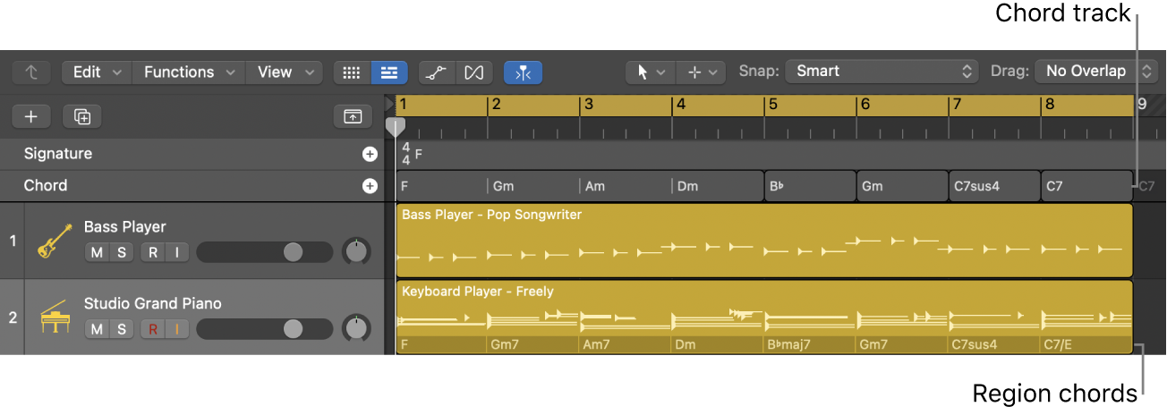 Figure. Project with chords on the Chord track and region chords on a Session Player region.