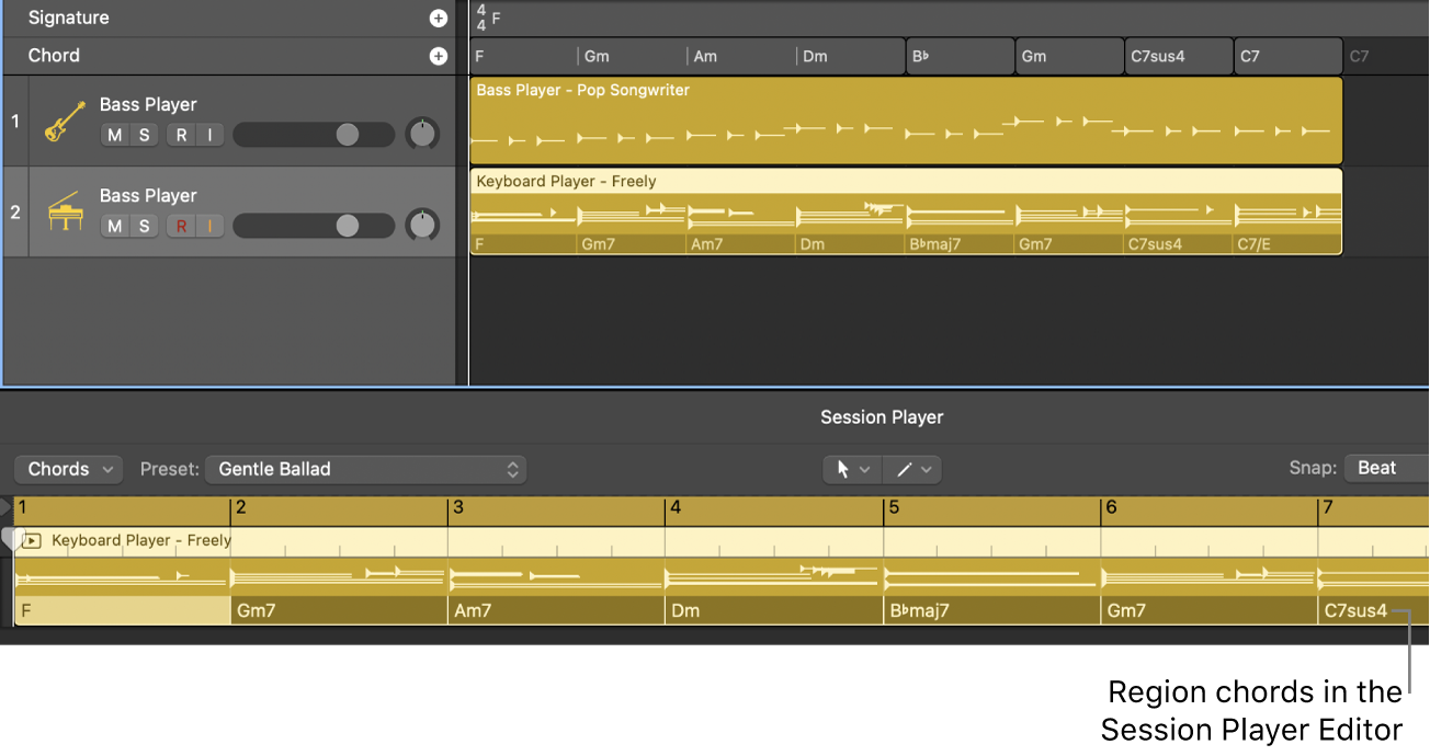 Figure. Project showing a Session Player region with region chords in the Session Player Editor.