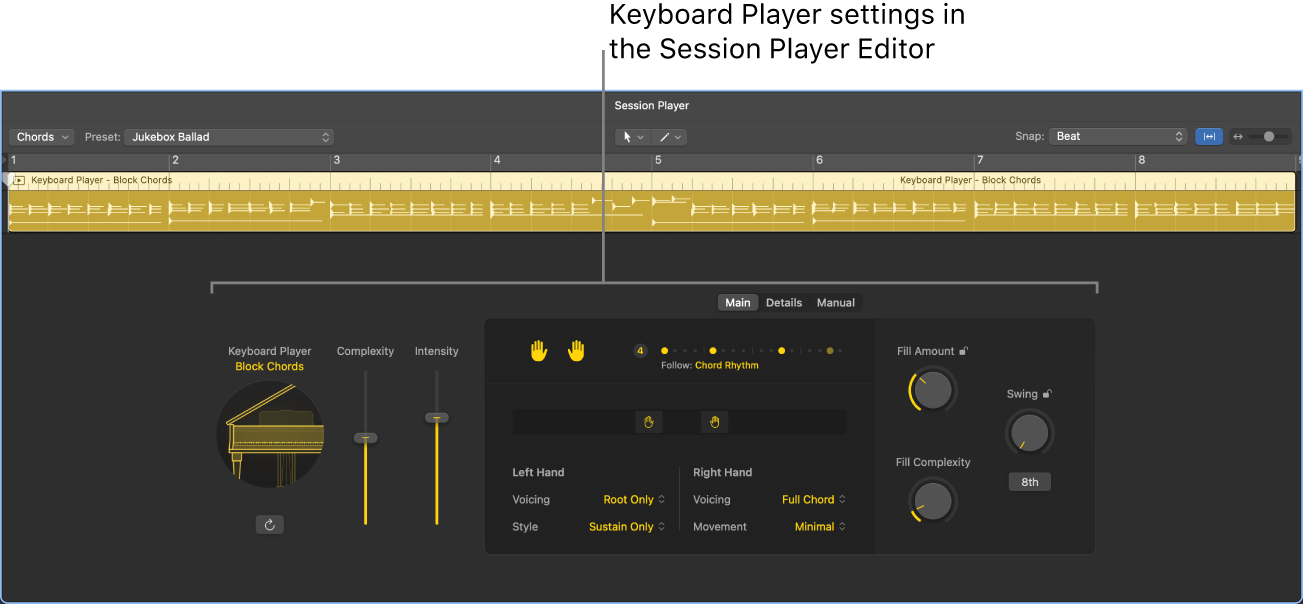 Figure. The Session Player Editor with Keyboard Player settings.