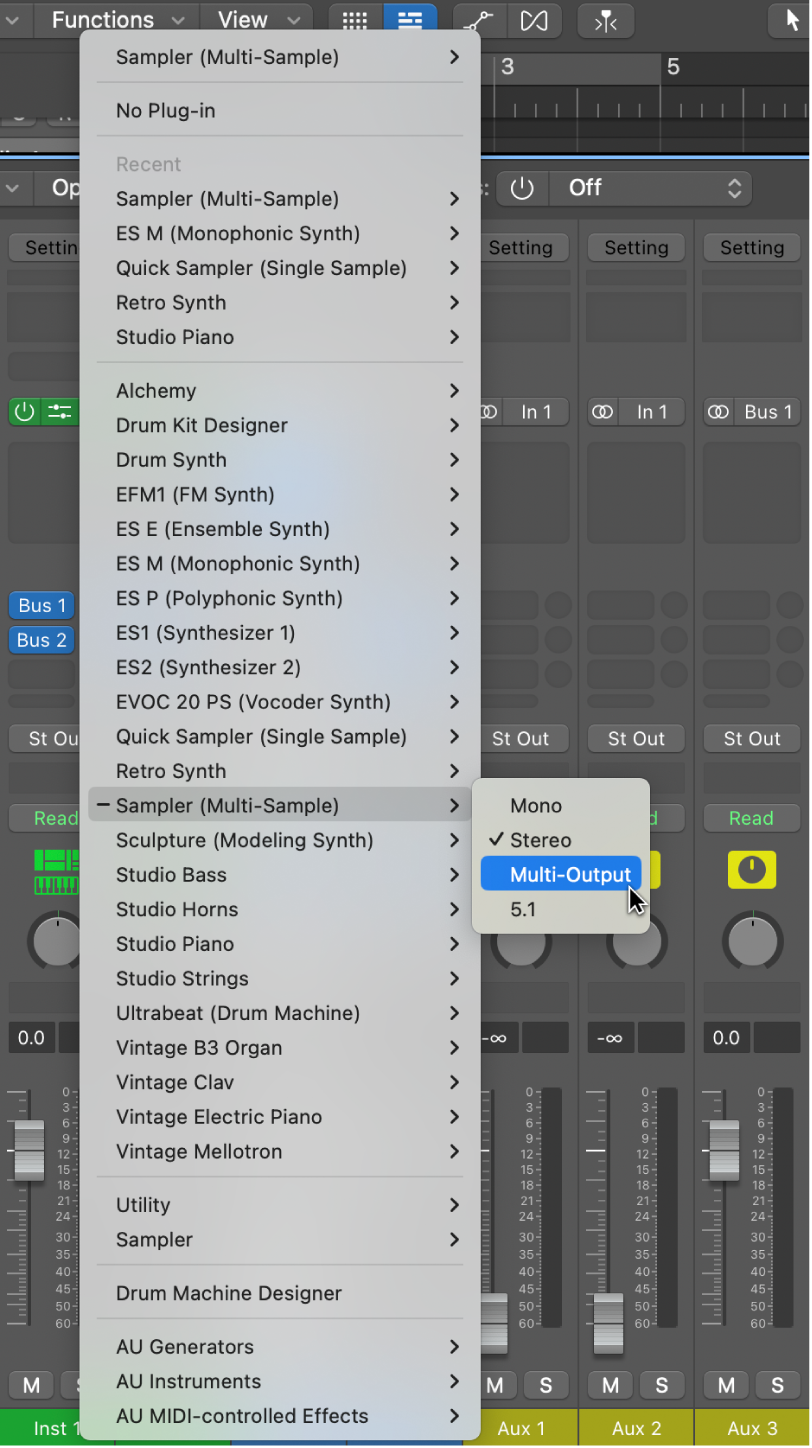 Figure. Instrument slot pop-up menu showing the Sampler Multi-Output option.