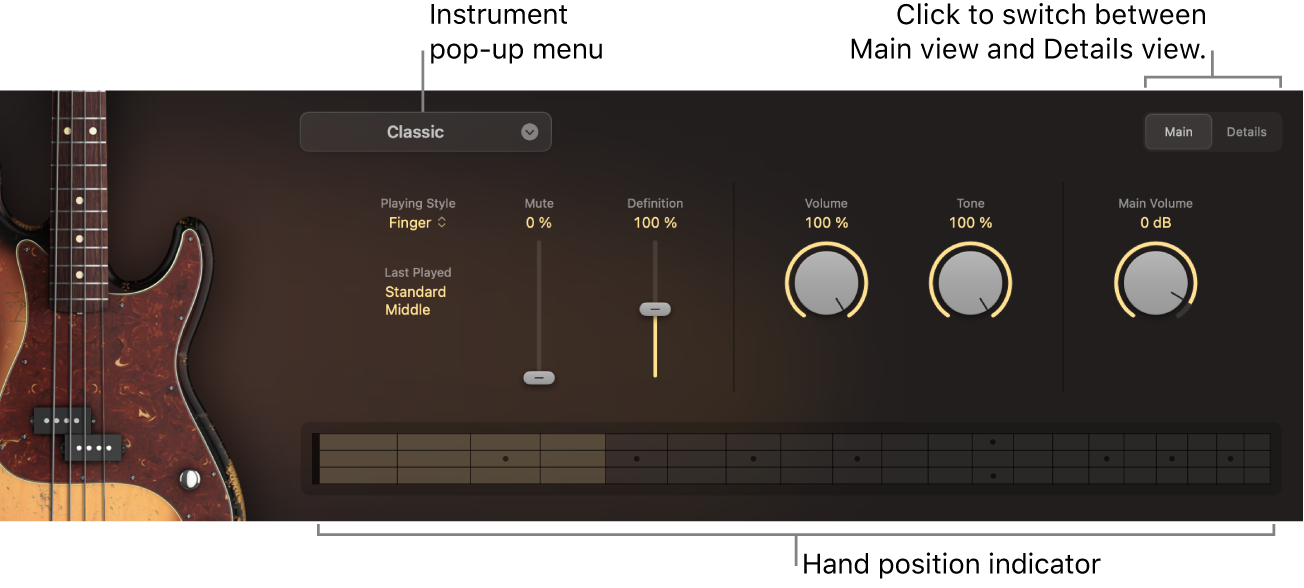 Figure. Studio Bass showing the Main view with callouts to the Instrument pop-up menu, Hand Position indicator, and Main/Details switch.