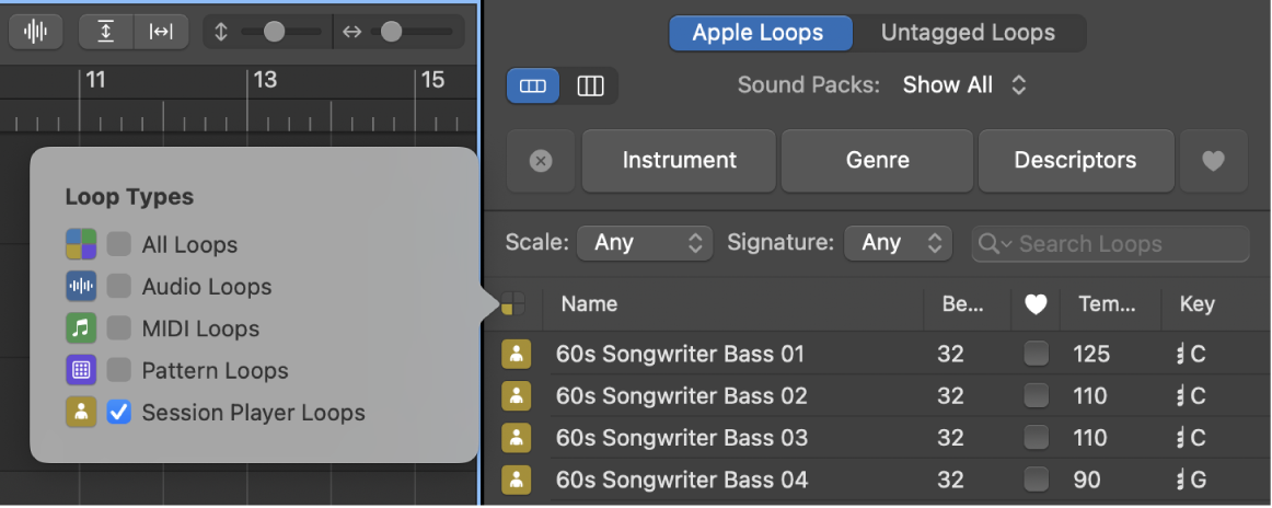 Figure. The Loop Browser with Session Player Loops selected.