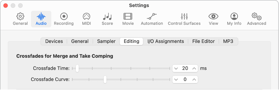 Figure. Audio Editing settings showing crossfade parameters.