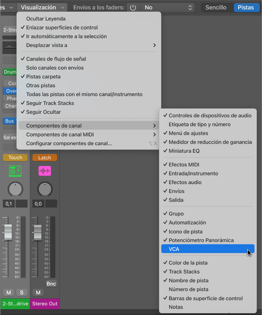 Ilustración. Submenú “Componentes de canal” del menú Visualización del mezclador.