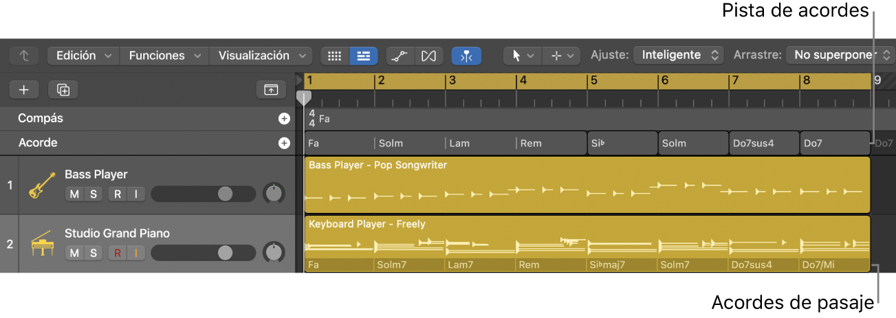 Ilustración. Proyecto con acordes en la pista de acordes y acordes del pasaje en un pasaje de “Session Player”.