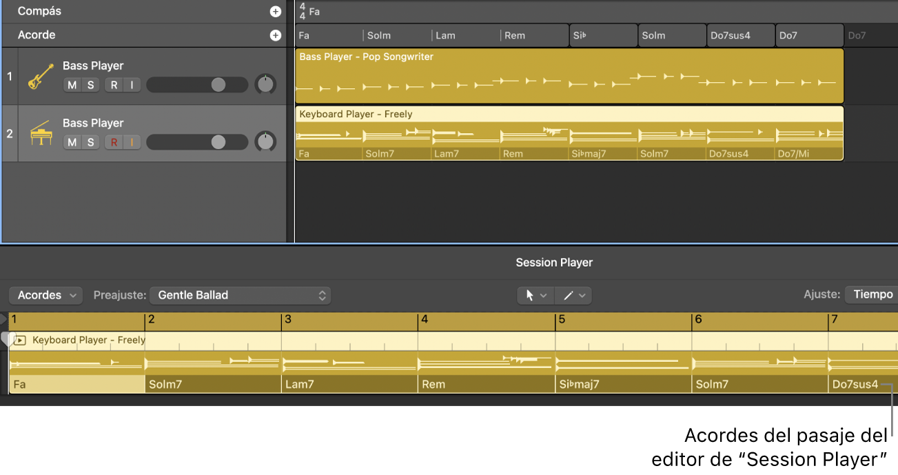 Ilustración. Proyecto con un pasaje de “Session Player” con acordes del pasaje en el editor de “Session Player”.