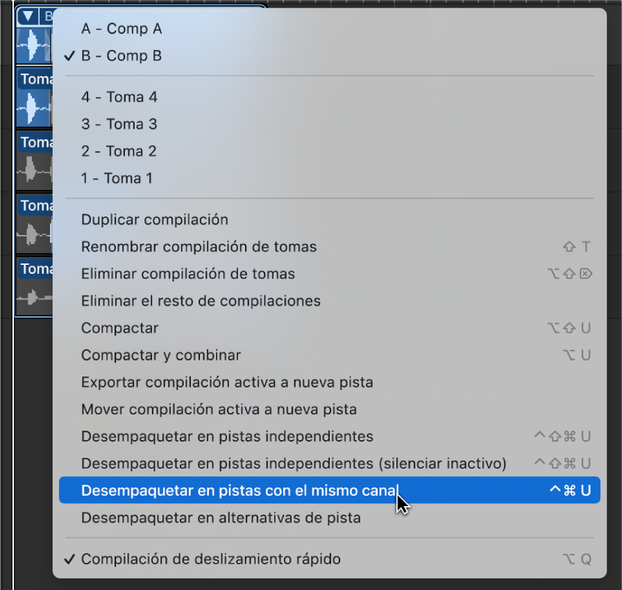 Ilustración. Se está seleccionando la opción “Desempaquetar en pistas con el mismo canal” en el menú desplegable.