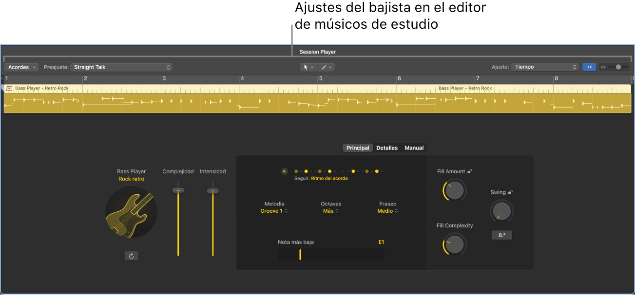 Ilustración. El editor Session Player con ajustes de Bass Player.