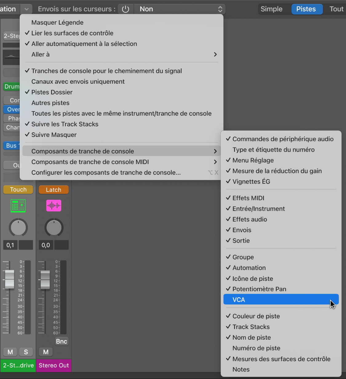 Figure. Sous-menu « Composants de tranche de console » dans le menu Présentation de la table de mixage.