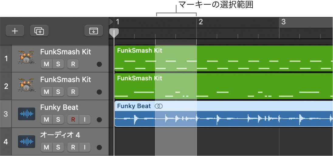 図。マーキーの選択範囲が表示されたマーキールーラ。