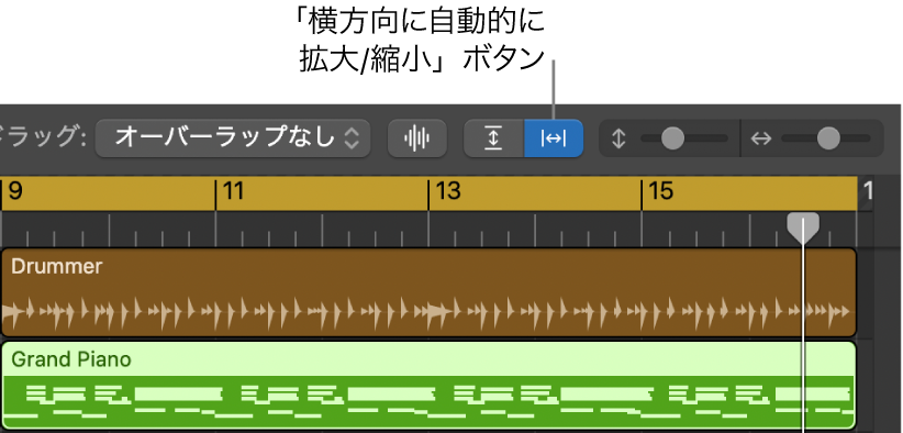 トラック領域のメニューバーにある「波形の拡大/縮小」、「縦方向に自動的に拡大/縮小」、および「横方向に自動的に拡大/縮小」コントロール。