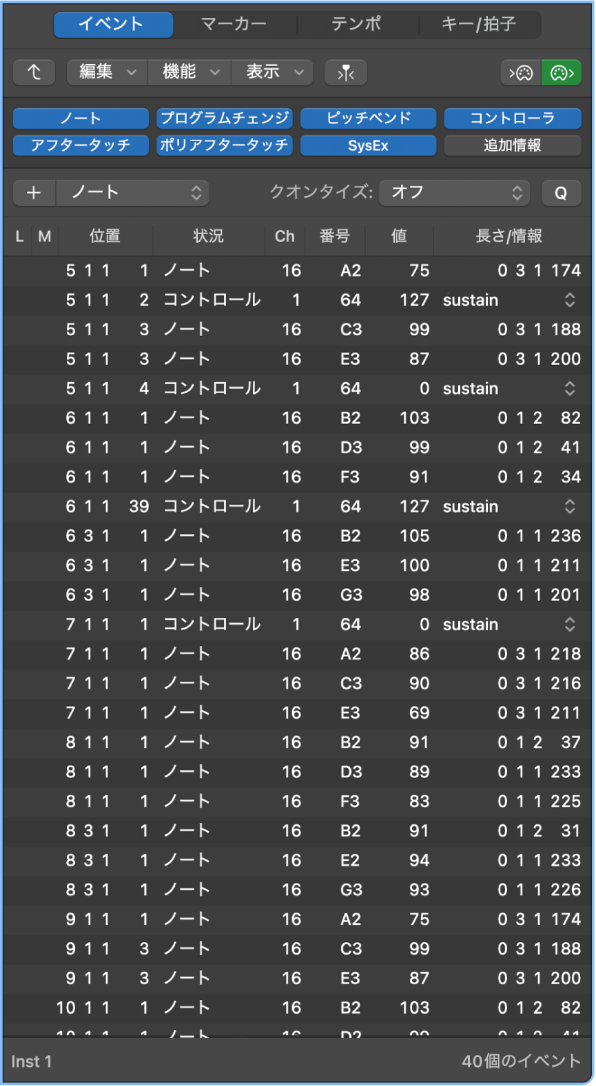 図。「イベントリスト」パネルが表示されたリスト領域。