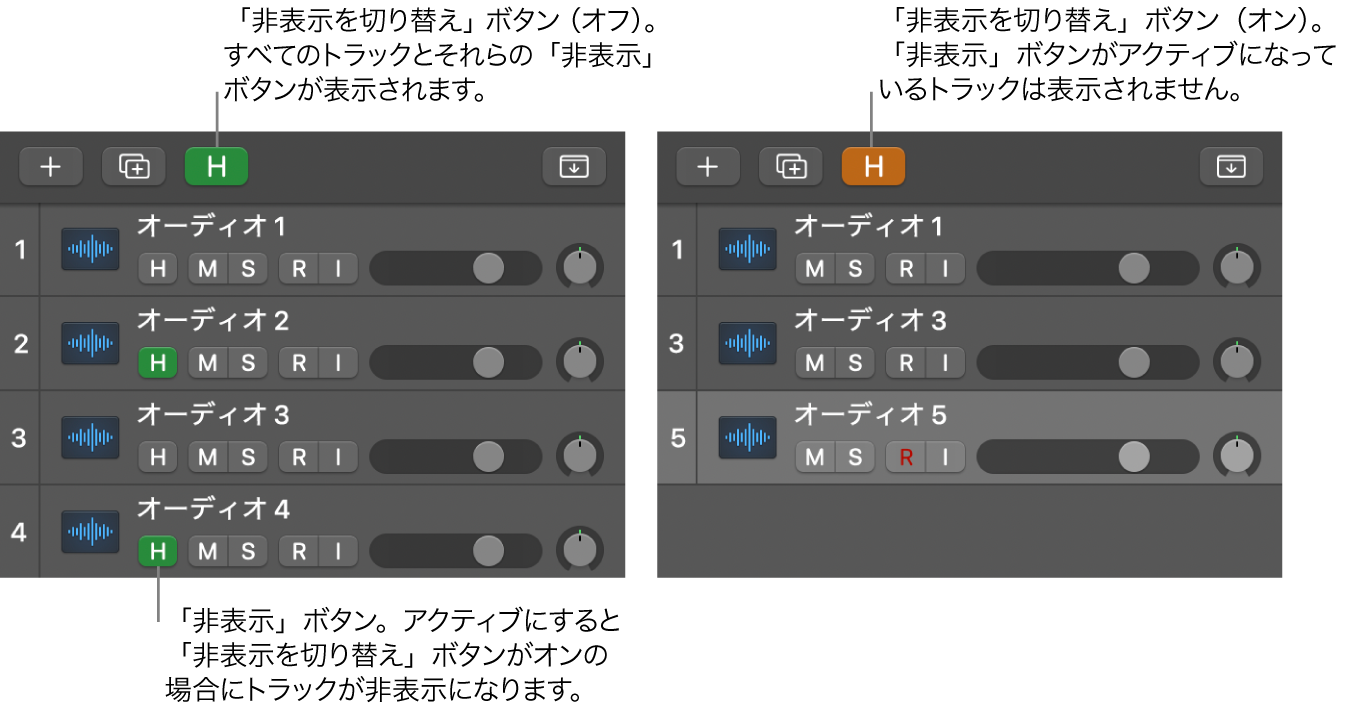 「非表示」ボタンと「非表示を切り替え」ボタン。