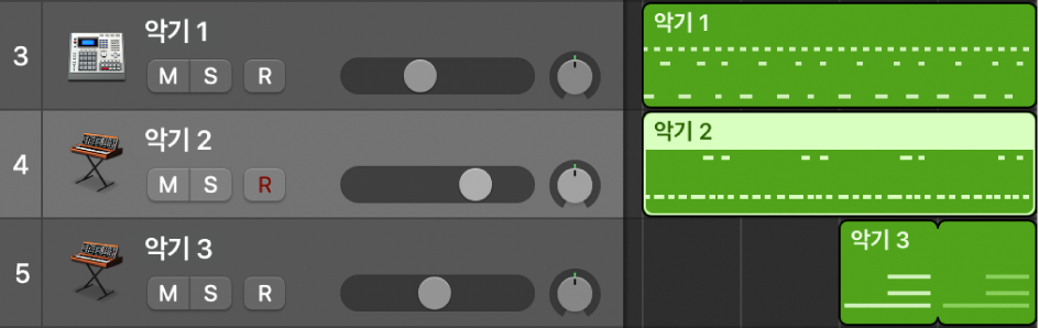 그림. 소프트웨어 악기 트랙의 MIDI 리전이 표시된 트랙 영역.