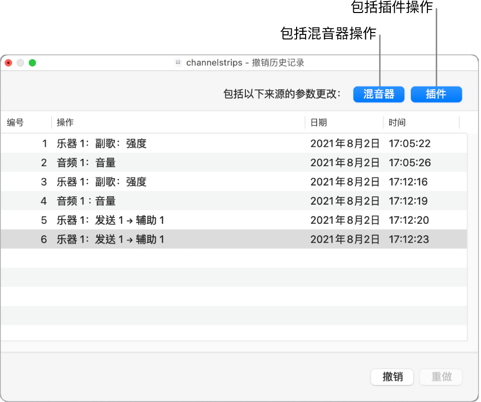 图。撤销历史记录，其中打开了“包括混音器和插件操作”按钮。