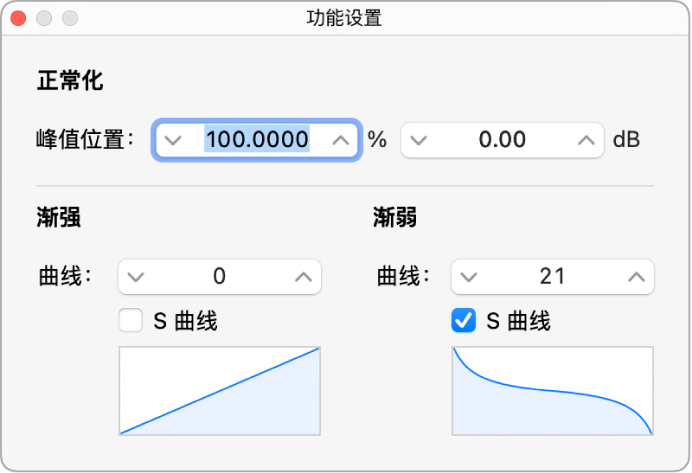 图。创建 S 形渐弱曲线的“功能设置”窗口。