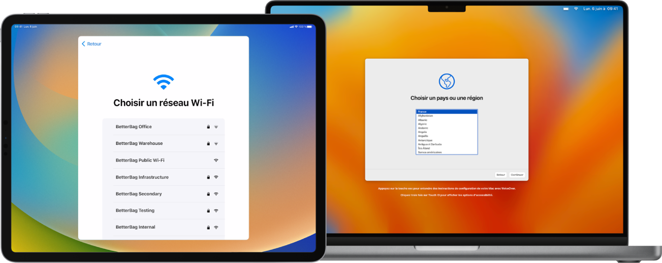 Un iPad affichant la sous-fenêtre « Choisir un réseau Wi-Fi » de l’assistant réglages et un Mac affichant la sous-fenêtre « Choisir un pays ou une région ».