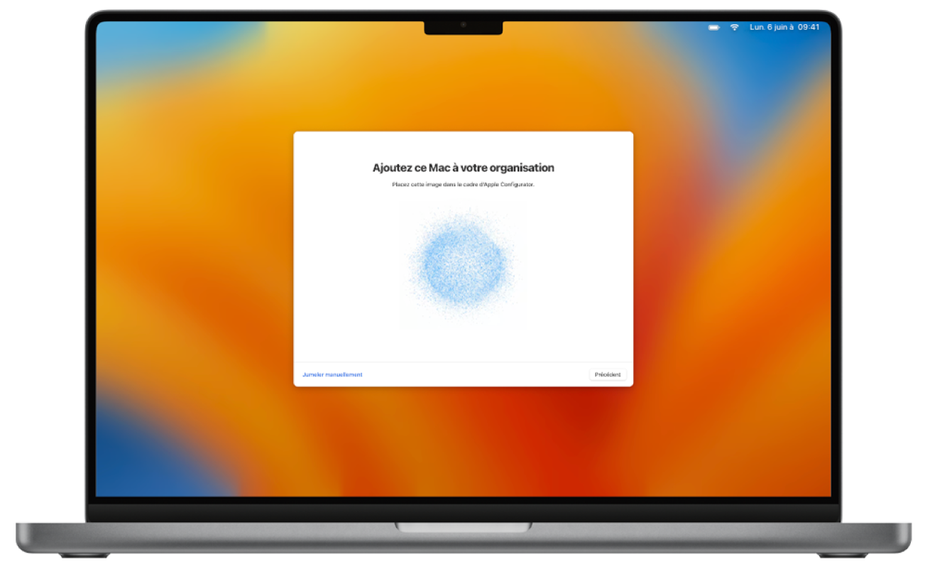 Assistant réglages montrant une image pour le jumelage avec Apple School Manager, Apple Business Manager ou Apple Business Essentials.