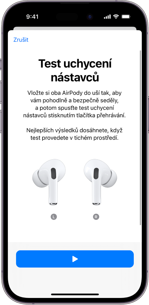Displej iPhonu se zobrazeným testem usazení AirPodů Pro 1. generace v uchu