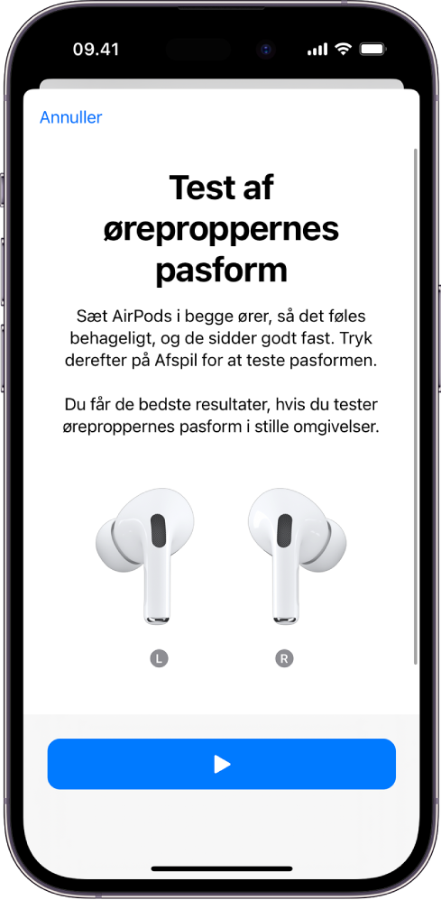 En iPhone-skærm, der viser Test af øreproppernes pasform til AirPods Pro (1. generation).