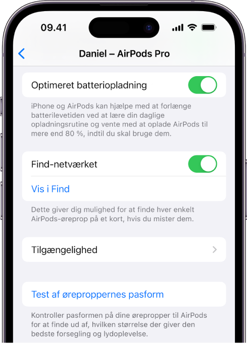 Bluetooth-indstillinger på en iPhone med muligheder til AirPods Pro (alle generationer). Find-netværket er slået til, så AirPods kan lokaliseres enkeltvis på et kort, hvis de mistes.