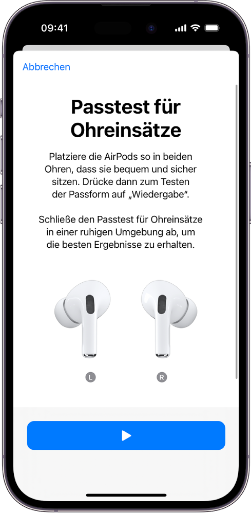 Das Display eines iPhone, auf dem der Passtest für Ohreinsätze für die AirPods Pro (1. Generation) angezeigt wird.
