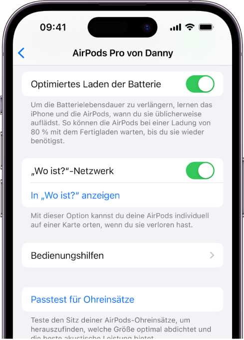 Bluetooth-Einstellungen auf dem iPhone mit Optionen für die AirPods Pro (alle Generationen). Die Option „,Wo ist?‘-Netzwerk“ ist aktiviert, sodass die Position der verloren gegangenen AirPods einzeln auf einer Karte angezeigt werden kann.