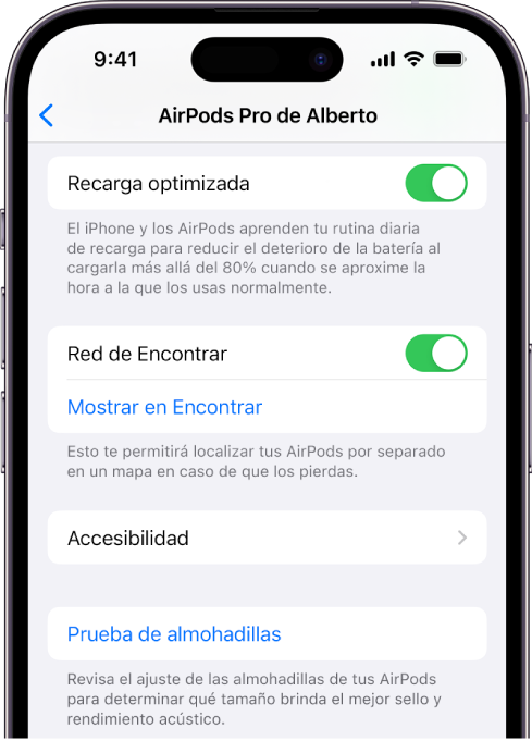 La configuración de Bluetooth de un iPhone mostrando las opciones para los AirPods Pro (todas las generaciones). La opción Red de Encontrar está activada, lo que permite que se localicen los AirPods por separado en un mapa si se pierden.