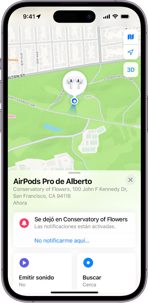 La pantalla de la app Encontrar en un iPhone. La ubicación de unos AirPods Pro se muestra en un mapa de San Francisco, junto con una dirección y las opciones Reproducir un sonido y Cómo llegar y Notificaciones.