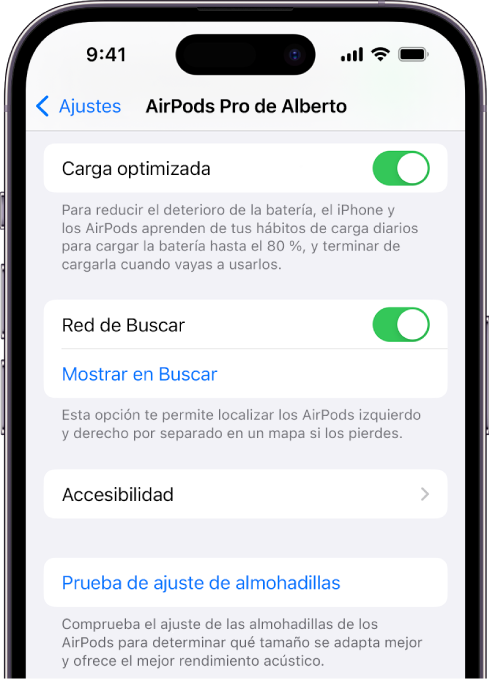 Ajustes de Bluetooth en una pantalla de iPhone que muestra las opciones para los AirPods Pro (todas las generaciones). La opción “Red de Buscar” está activada, lo que permite que los AirPods se muestren por separado en un mapa si se pierden.