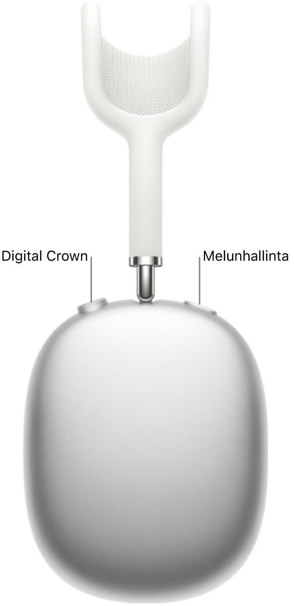 Digital Crownin ja melunhallintapainikkeen sijainti AirPods Max -kuulokkeiden oikean kupin yläosassa.