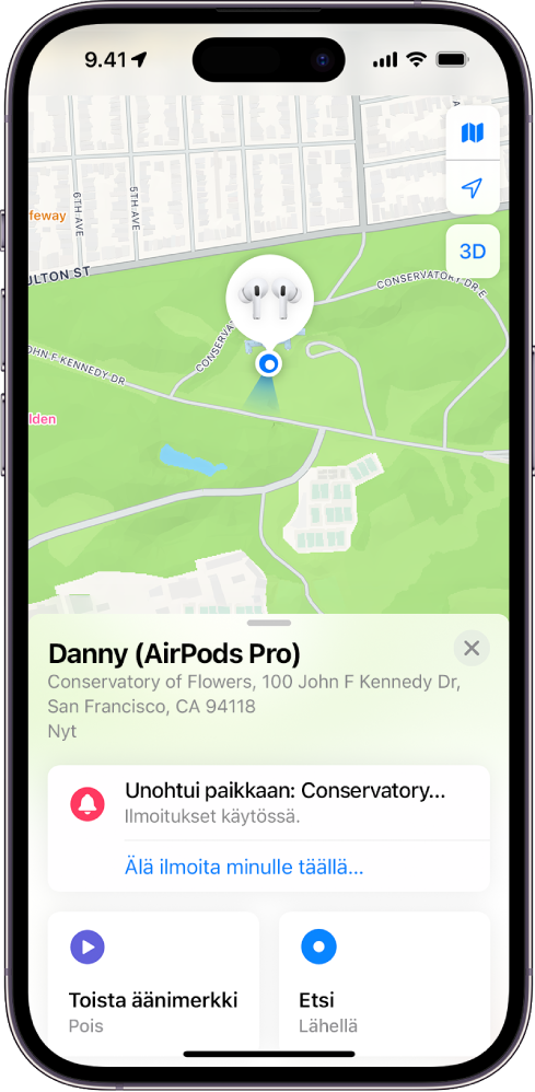 iPhonen Etsi‑apin näyttö. AirPods-kuulokkeiden sijainti näkyy San Franciscon kartalla, ja niille näytetään osoite sekä valinnat äänen toistamiselle ja etsimiselle.