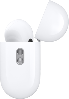 AirPods Pro -kuulokkeiden (2. sukupolvi) latauskotelo sivulta, näkyvillä on silmukka, johon voidaan kiinnittää kantohihna.