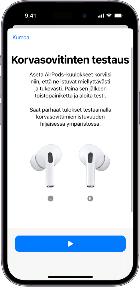 iPhone-näyttö, jossa näkyy AirPods Pro ‑kuulokkeiden (1. sukupolvi) Korvasovitinten testaus.
