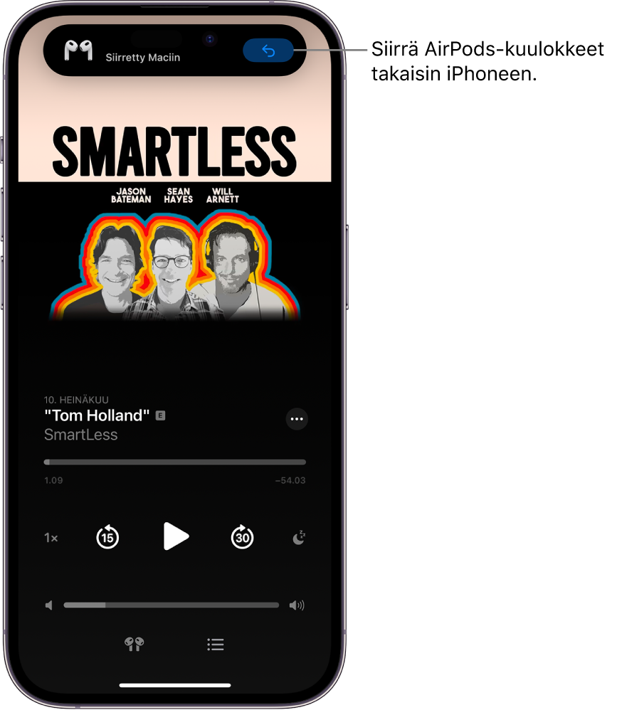 Lukittu näyttö iPhonessa, jossa ylhäällä näkyvässä viestissä lukee ”Siirretty: Mac”. Näytöllä on painike, jolla AirPods-kuulokkeet voi siirtää takaisin iPhoneen.