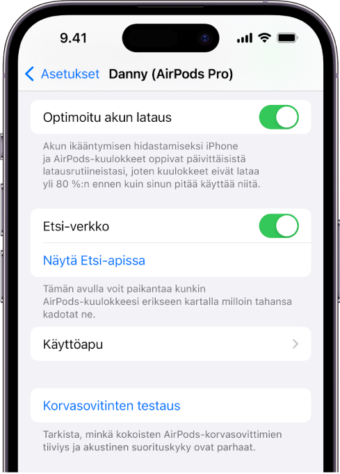 iPhonen Bluetooth-asetukset, joissa näkyy AirPods Pro -kuulokkeiden (kaikki sukupolvet) asetukset. Etsi-verkko on laitettu päälle, minkä ansiosta AirPods-kuulokkeet voidaan löytää yksitellen kartalta, jos ne joutuvat kadoksiin.
