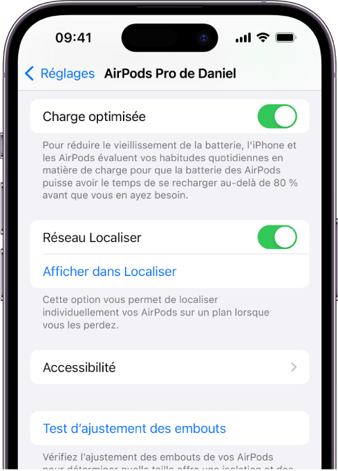 Réglages Bluetooth sur un iPhone qui affichent les options pour les AirPods Pro(toutes les générations). L’option Réseau Localiser est activée, ce qui permet de localiser un AirPod à la fois sur un plan en cas de perte.