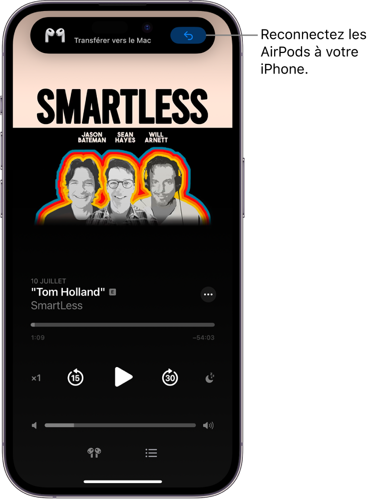 L’écran verrouillé d’un iPhone qui affiche le message « Transféré vers le Mac » dans le haut et un bouton pour reconnecter les AirPods à l’iPhone.