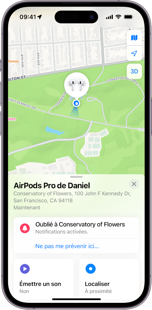 Un écran de l’app Localiser sur l’iPhone. L’emplacement des AirPods est indiqué sur un plan de San Francisco, avec une adresse et les options « Émettre un son » et Localiser.