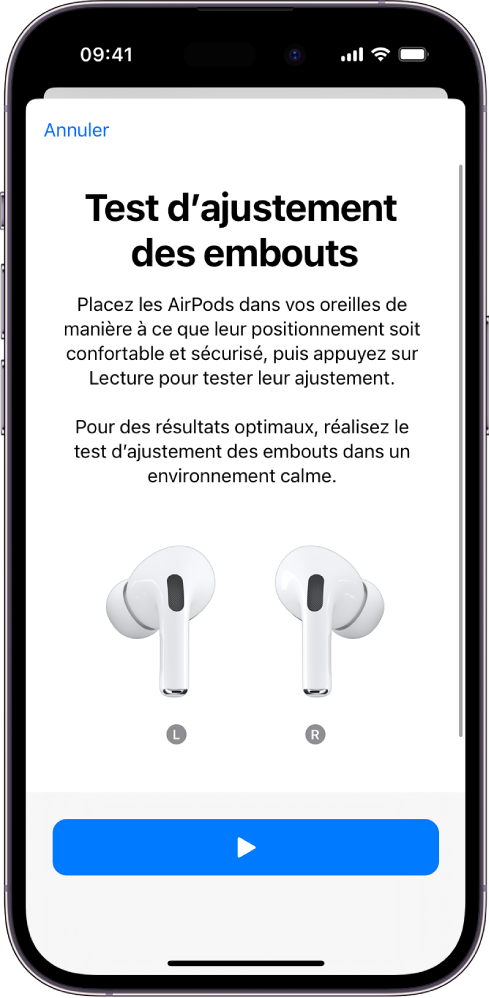 L’écran d’un iPhone affichant le test d’ajustement des embouts pour les AirPods Pro (1re génération).