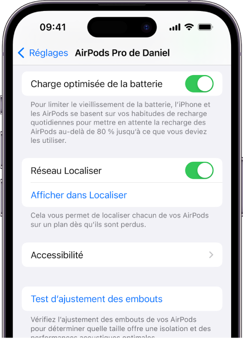 Les réglages Bluetooth sur un iPhone, avec des options pour les AirPods Pro (toutes les générations). L’option « Réseau Localiser » est activée, ce qui permet de localiser spécifiquement chaque AirPod sur un plan en cas de perte.