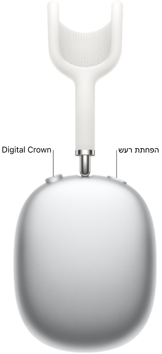 האוזניה הימנית ב‑AirPods Max, מציגה את ה‑Digital Crown בצד השמאלי העליון של האוזניה ואת כפתור הפחתת הרעש בצד הימני העליון.
